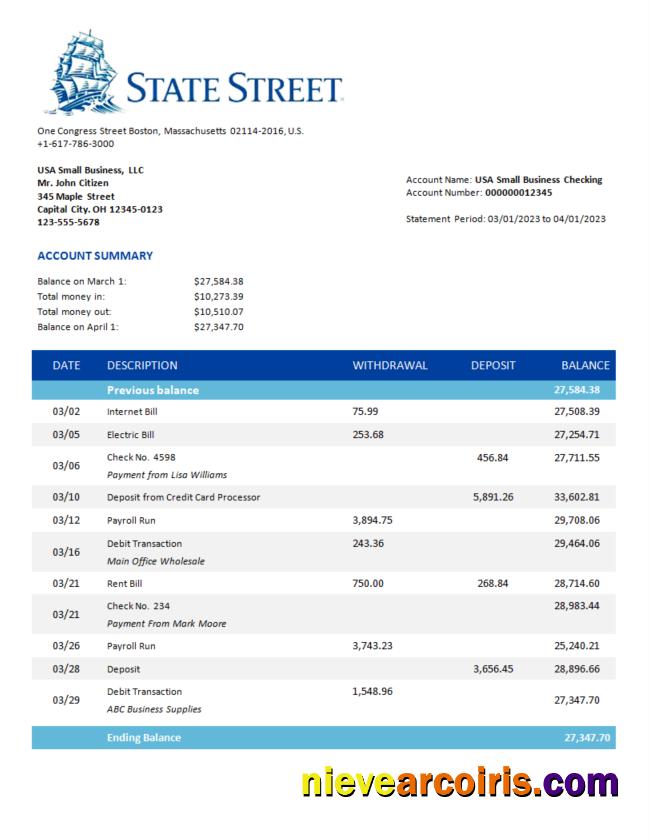 State Street Bank organization bank statement